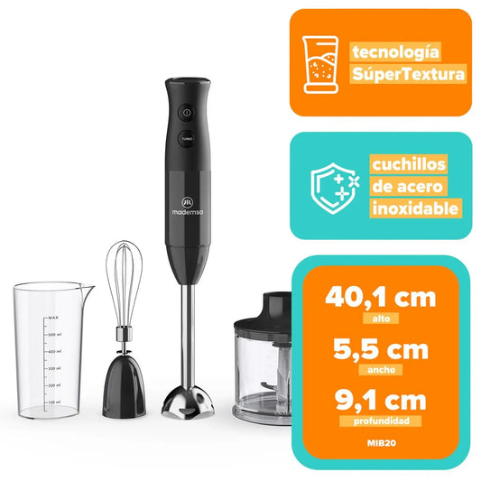 Minipimer 3 en 1 Mademsa con 2 velocidades y Tecnología Súper Textura MIB20 Negro