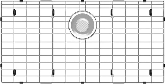 Rejilla de fregadero de 27-9/16 x 14-9/16 pulgadas, protectores de fregadero de acero inoxidable para fregadero de cocina, rejilla inferior del fregadero, drenaje trasero con radio de esquina