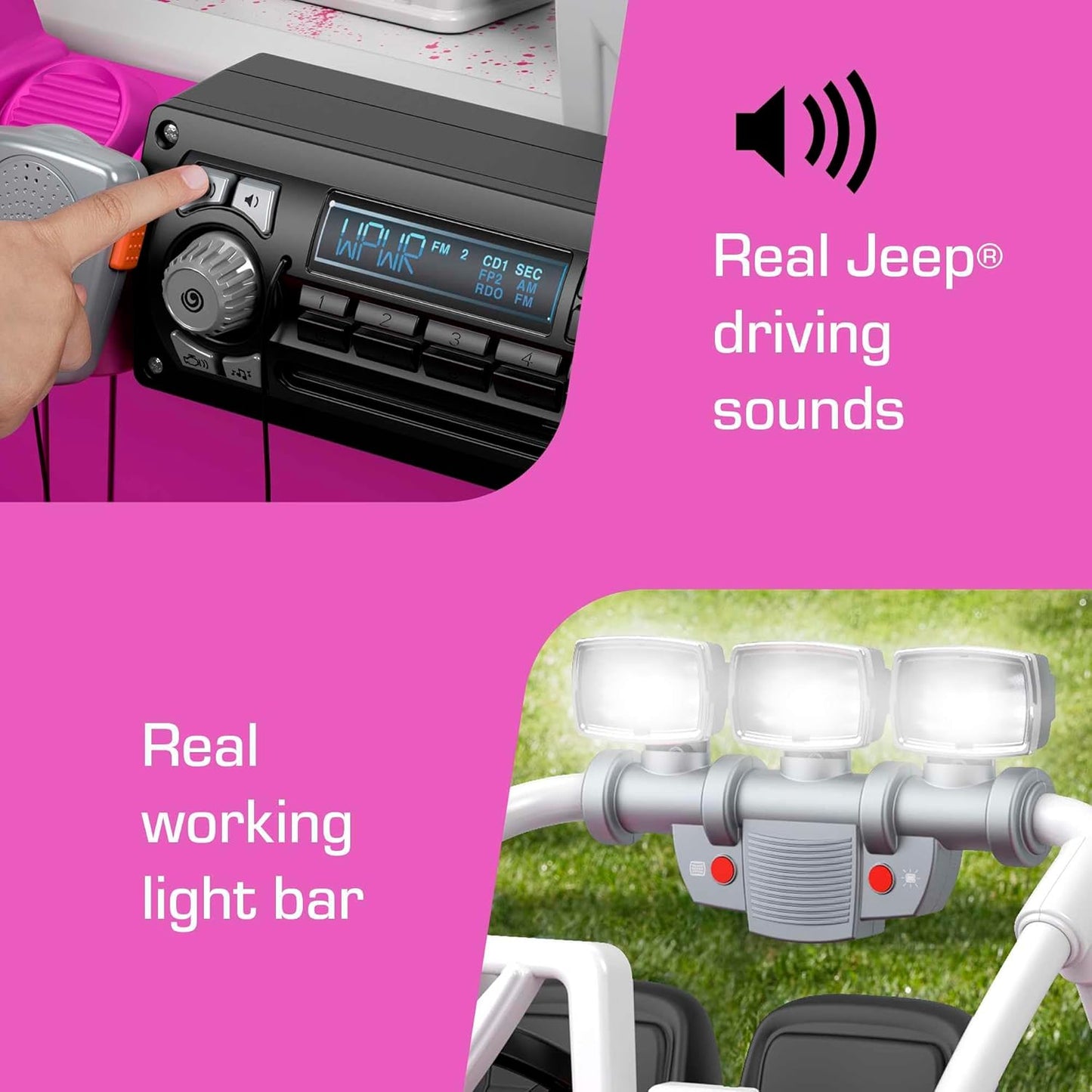 Power Wheels Jeep Wrangler Willys - Vehículo con batería con sonidos y luces para niños en edad preescolar a partir de 3 años, color rosa