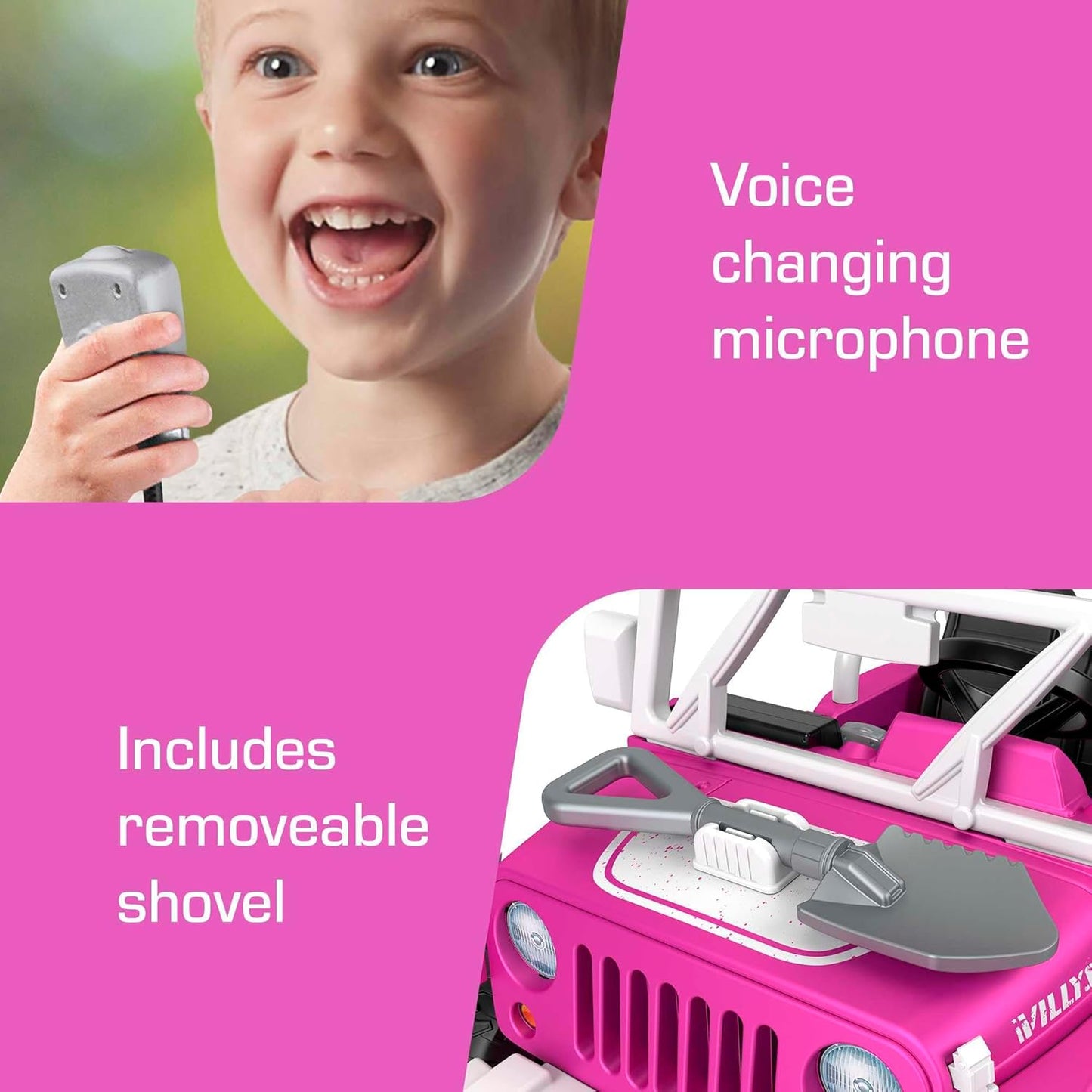 Power Wheels Jeep Wrangler Willys - Vehículo con batería con sonidos y luces para niños en edad preescolar a partir de 3 años, color rosa