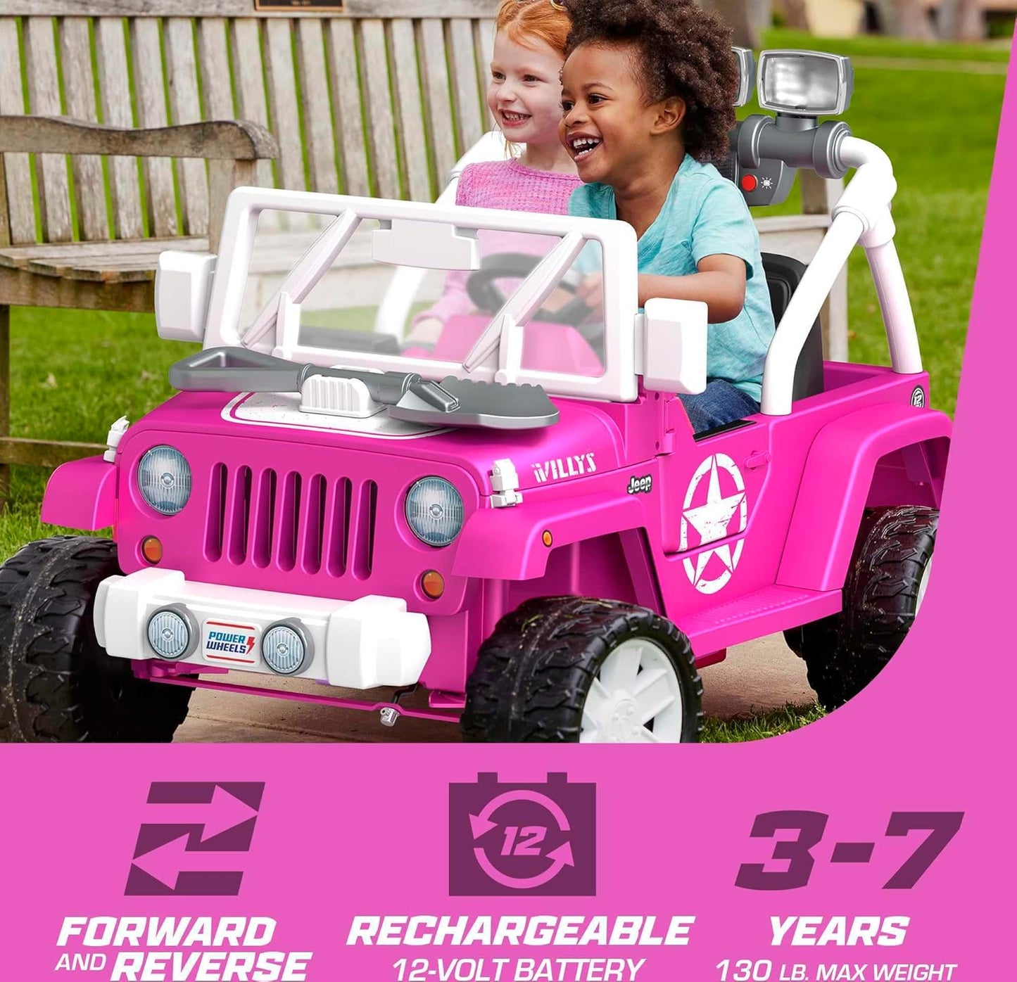 Power Wheels Jeep Wrangler Willys - Vehículo con batería con sonidos y luces para niños en edad preescolar a partir de 3 años, color rosa
