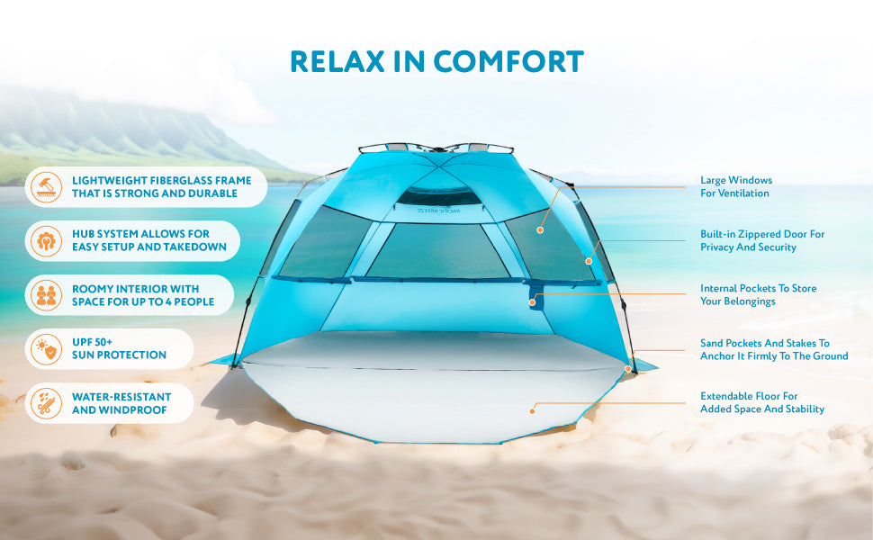 Carpa de Playa Pacific Breeze Deluxe XL: Montaje Rápido Pop-Up y Protección UPF 50+ (Azul)