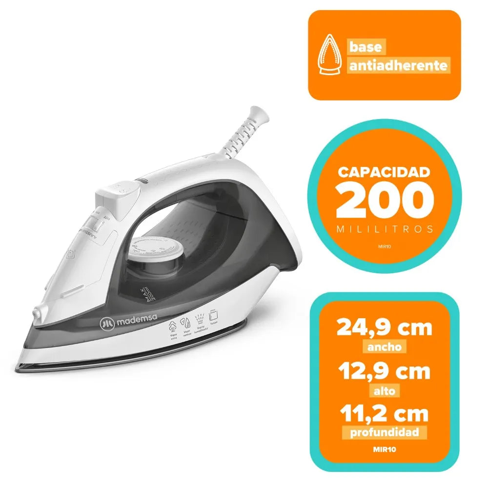 Plancha a Vapor Mademsa MIR10: Base Antiadherente y Golpe de Vapor Vertical
