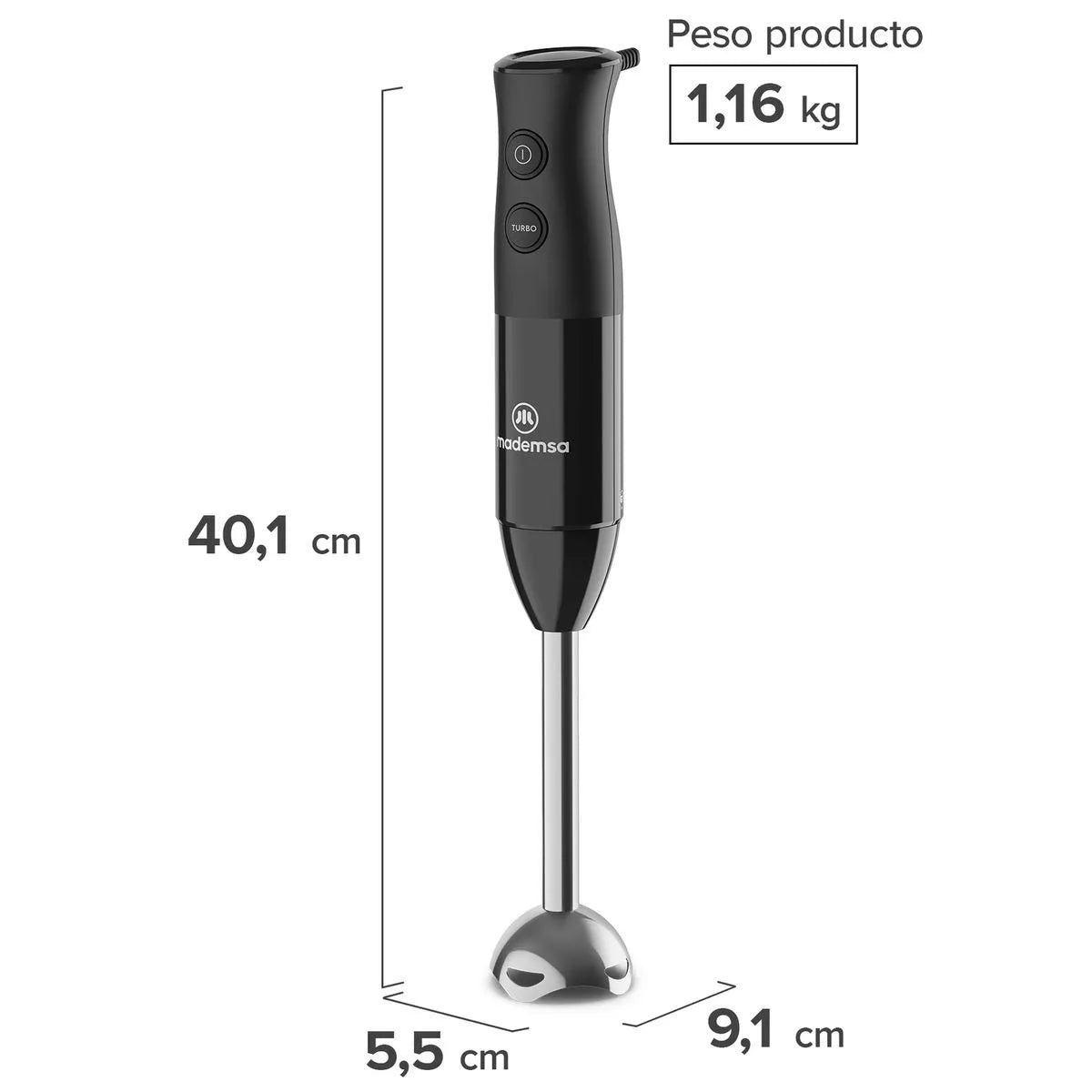 Minipimer 3 en 1 Mademsa con 2 velocidades y Tecnología Súper Textura MIB20 Negro