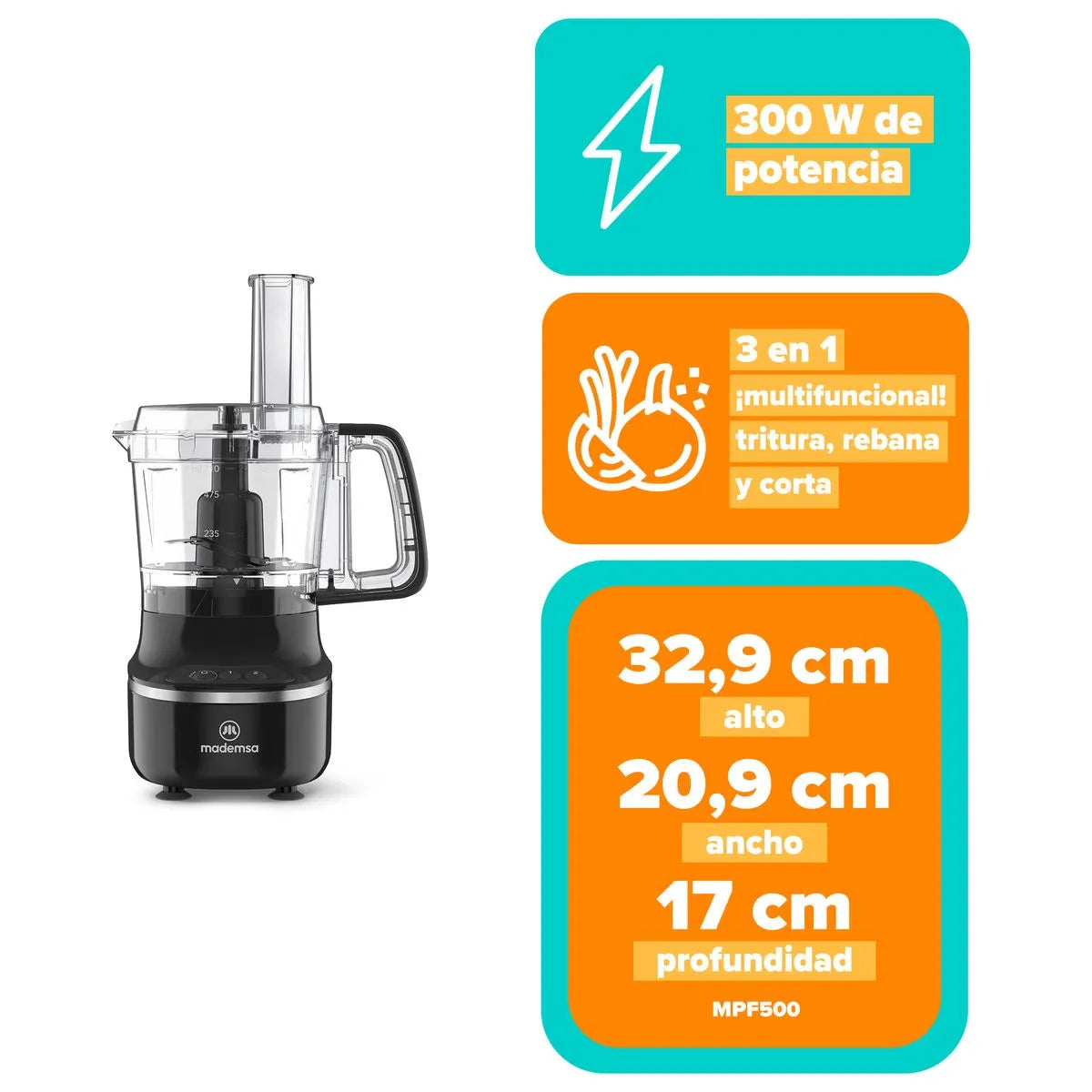 Procesador de Alimentos Mademsa Multifuncional 3 en 1 MFP500 Negro