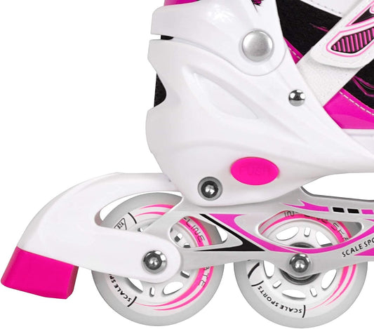 Patines en Línea Ajustables Scale Sports: Rueda Delantera con Luces LED, Ideales para Niños y Adolescentes (Rosa, Tallas 3-5 Adulto)