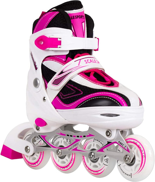 Patines en Línea Ajustables Scale Sports: Rueda Delantera con Luces LED, Ideales para Niños y Adolescentes (Rosa, Tallas 3-5 Adulto)