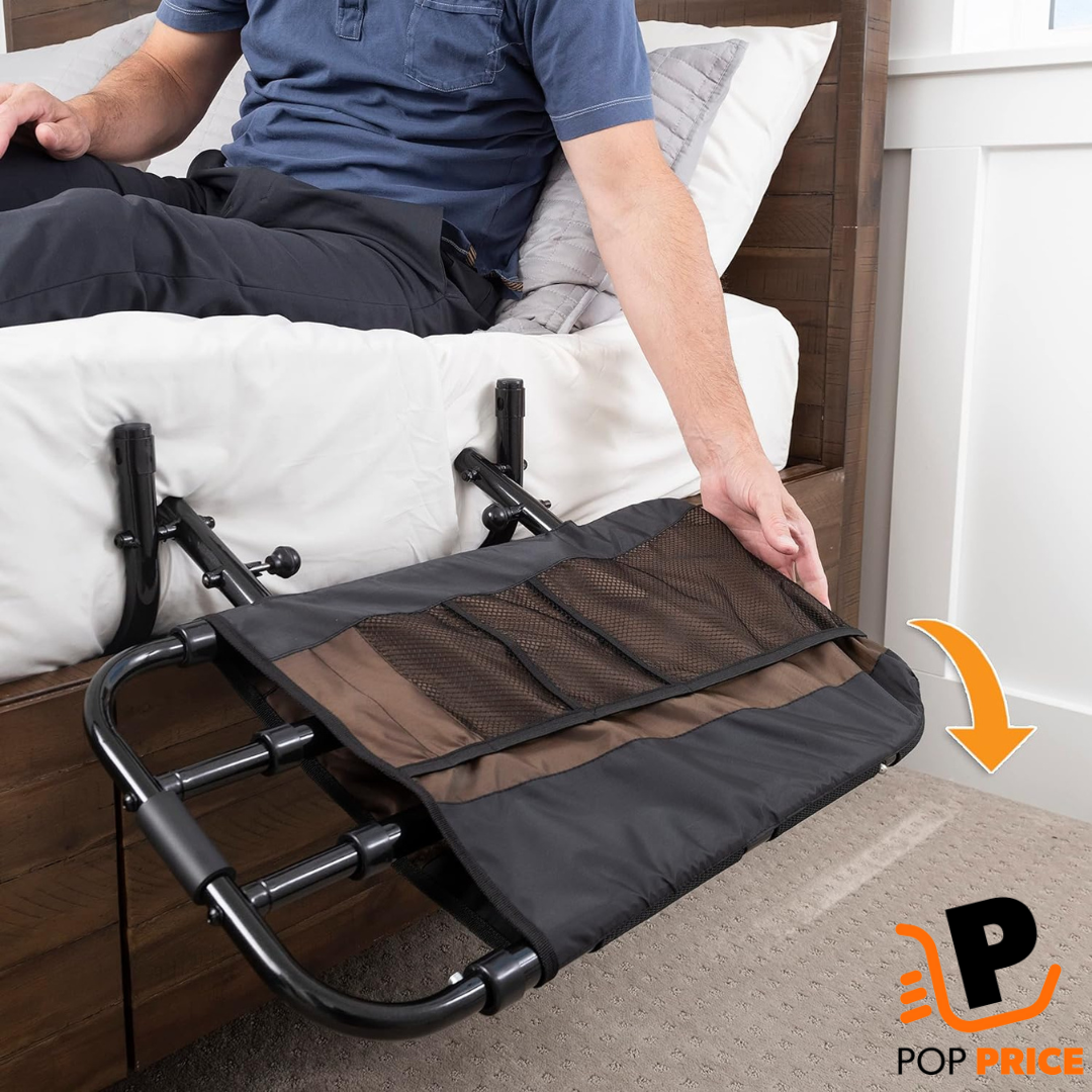 Riel de cama ajustable para personas mayores y barra de apoyo para cama para adultos mayores con bolsa organizadora