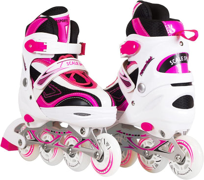 Patines en Línea Ajustables Scale Sports: Rueda Delantera con Luces LED, Ideales para Niños y Adolescentes (Rosa, Tallas 3-5 Adulto)