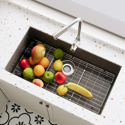 Rejilla de fregadero de 27-9/16 x 14-9/16 pulgadas, protectores de fregadero de acero inoxidable para fregadero de cocina, rejilla inferior del fregadero, drenaje trasero con radio de esquina