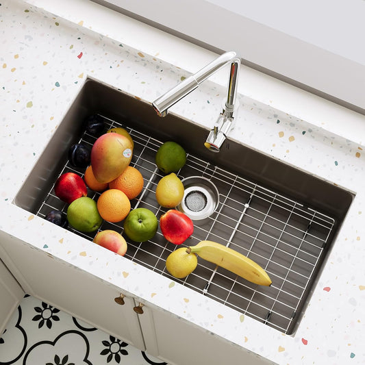Rejilla de fregadero de 27-9/16 x 14-9/16 pulgadas, protectores de fregadero de acero inoxidable para fregadero de cocina, rejilla inferior del fregadero, drenaje trasero con radio de esquina