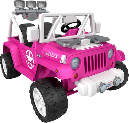 Power Wheels Jeep Wrangler Willys - Vehículo con batería con sonidos y luces para niños en edad preescolar a partir de 3 años, color rosa
