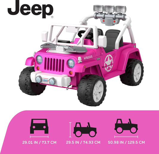 Power Wheels Jeep Wrangler Willys - Vehículo con batería con sonidos y luces para niños en edad preescolar a partir de 3 años, color rosa
