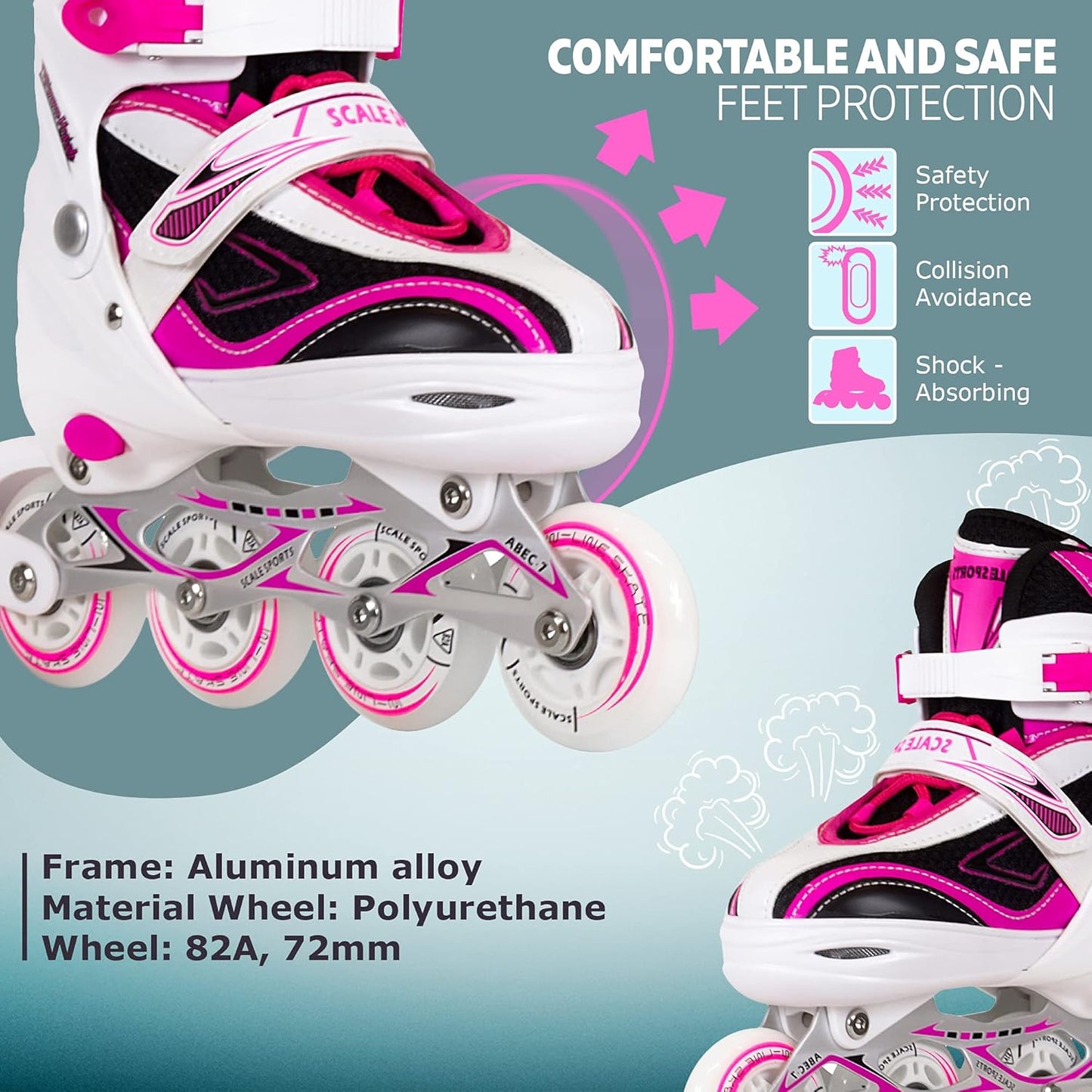 Patines en Línea Ajustables Scale Sports: Rueda Delantera con Luces LED, Ideales para Niños y Adolescentes (Rosa, Tallas 3-5 Adulto)