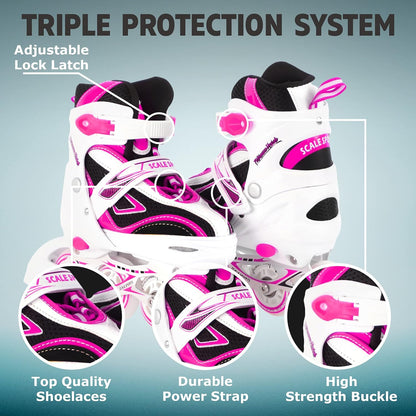 Patines en Línea Ajustables Scale Sports: Rueda Delantera con Luces LED, Ideales para Niños y Adolescentes (Rosa, Tallas 3-5 Adulto)