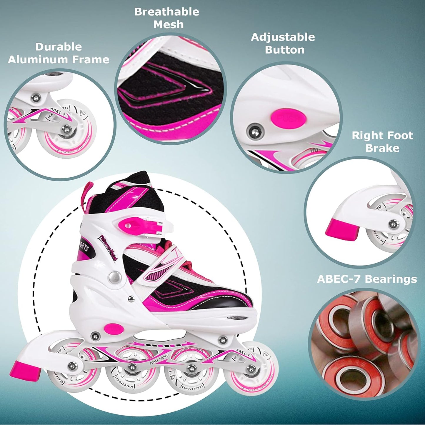 Patines en Línea Ajustables Scale Sports: Rueda Delantera con Luces LED, Ideales para Niños y Adolescentes (Rosa, Tallas 3-5 Adulto)