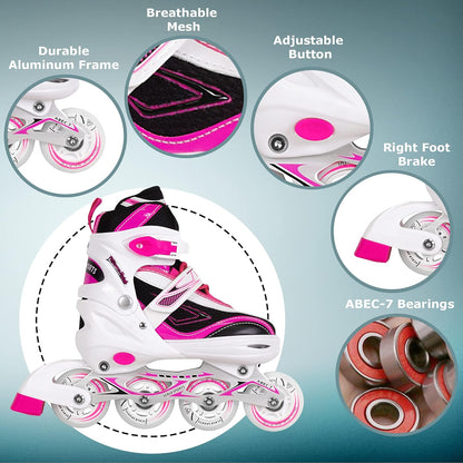 Patines en Línea Ajustables Scale Sports: Rueda Delantera con Luces LED, Ideales para Niños y Adolescentes (Rosa, Tallas 3-5 Adulto)