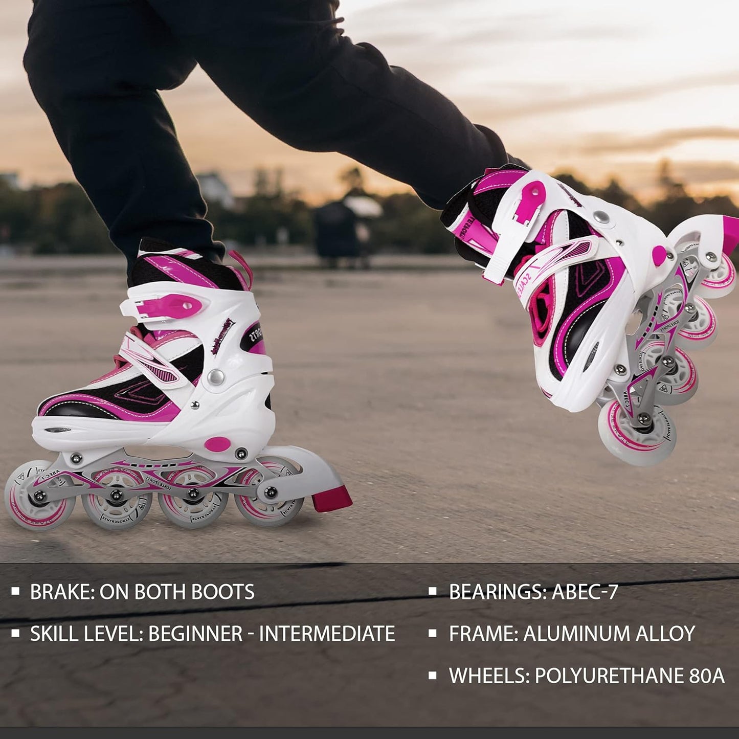 Patines en Línea Ajustables Scale Sports: Rueda Delantera con Luces LED, Ideales para Niños y Adolescentes (Rosa, Tallas 3-5 Adulto)