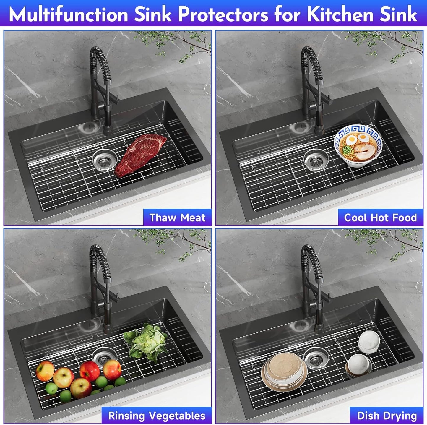 Rejilla de fregadero de 27-9/16 x 14-9/16 pulgadas, protectores de fregadero de acero inoxidable para fregadero de cocina, rejilla inferior del fregadero, drenaje trasero con radio de esquina