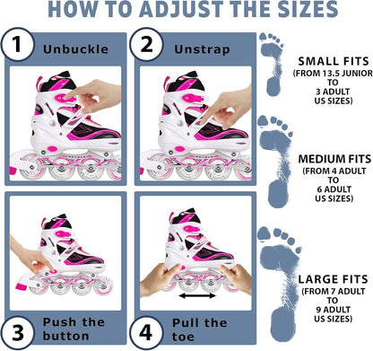 Patines en Línea Ajustables Scale Sports: Rueda Delantera con Luces LED, Ideales para Niños y Adolescentes (Rosa, Tallas 3-5 Adulto)