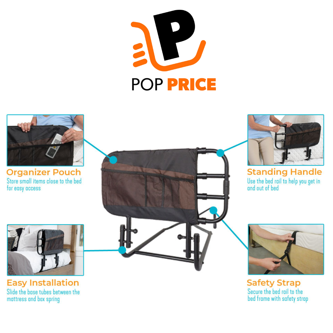 Riel de cama ajustable para personas mayores y barra de apoyo para cama para adultos mayores con bolsa organizadora