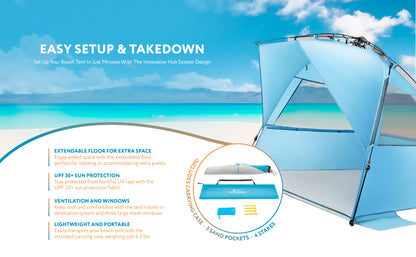 Carpa de Playa Pacific Breeze Deluxe XL: Montaje Rápido Pop-Up y Protección UPF 50+ (Azul)