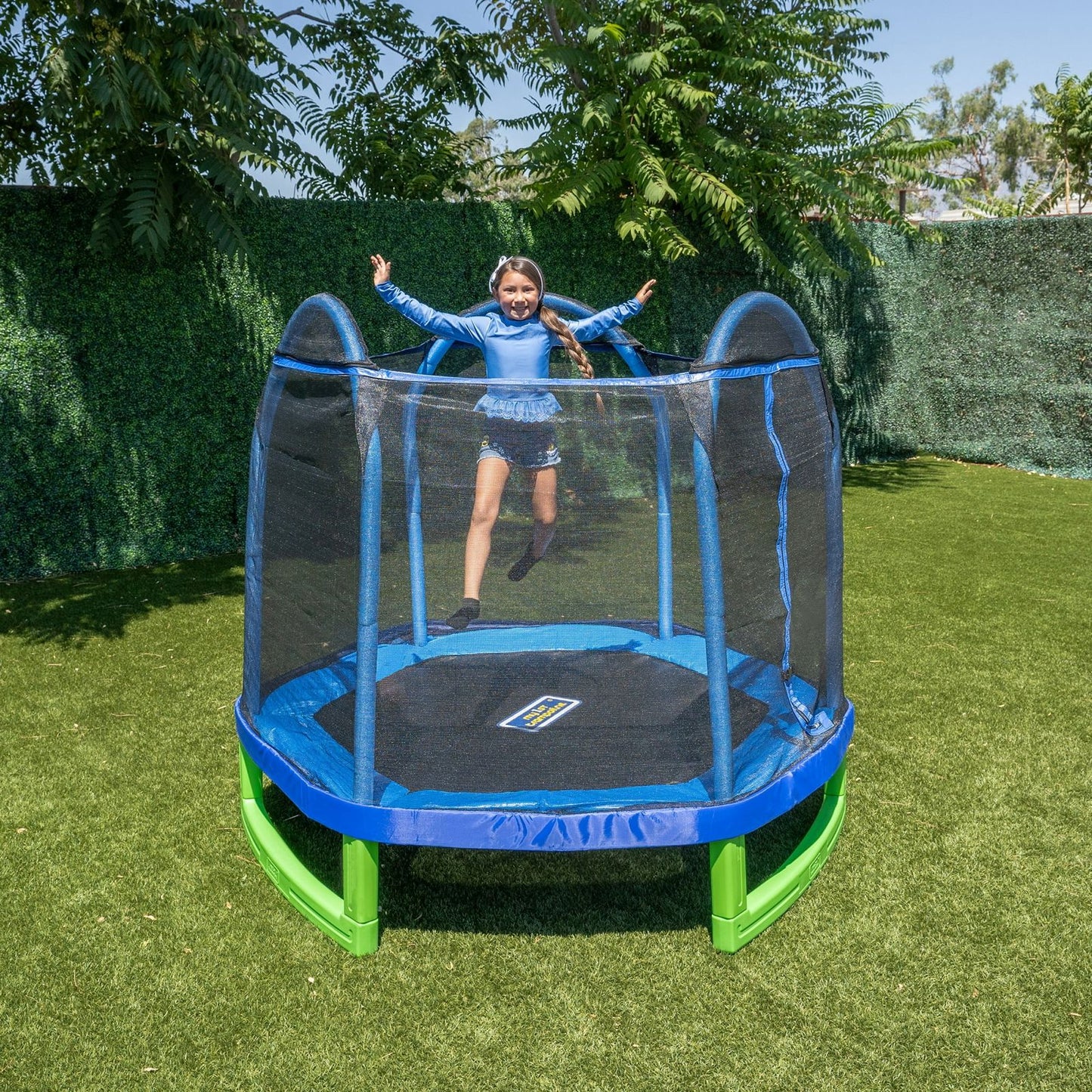 Trampoline para Niños de 3 a 10 Años con Recinto de Seguridad Azul y Verde