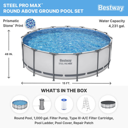 Juego de Piscina Elevada Steel Pro MAX de 15' X 48" - 4231 Galones, Piscina Familiar Al Aire Libre, Resistente a la Corrosión y a Perforaciones, Incluye Filtro, Bomba, Escalera y Cubierta