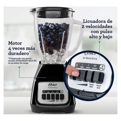 Licuadora Oster Clásica: 2 Velocidades + Pulso, Vaso de Vidrio 1.5 Lt y 550W de Potencia (Negro BLSTKAG-BP)