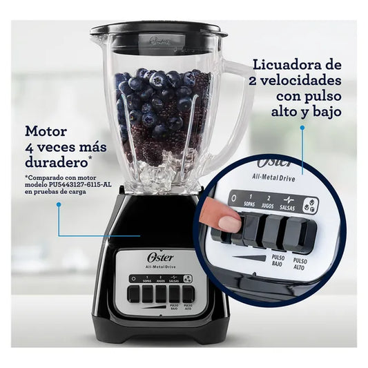 Licuadora Oster Clásica: 2 Velocidades + Pulso, Vaso de Vidrio 1.5 Lt y 550W de Potencia (Negro BLSTKAG-BP)