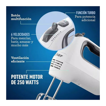 Batidora de Mano Oster de 250W: 6 Velocidades y Función Turbo