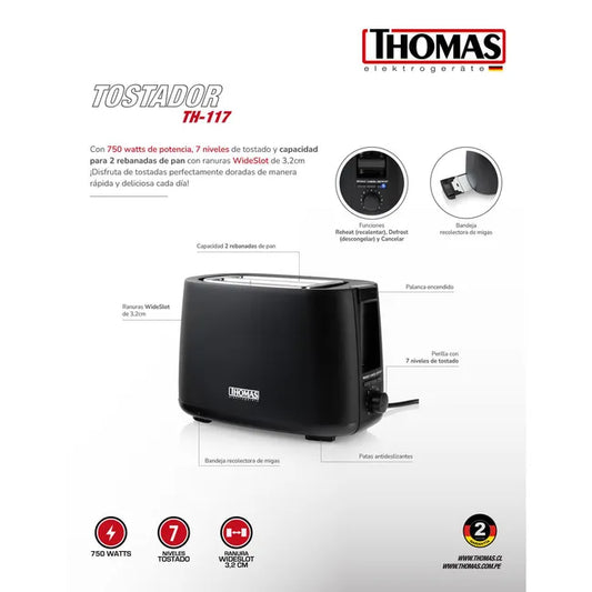 ostador Thomas Negro: 2 Rebanadas, 7 Niveles de Tostado y 750W (TH-117)